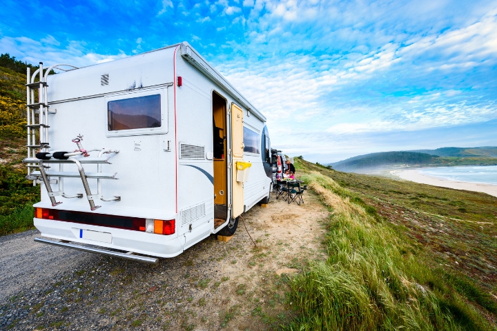 rv parked near the ocean