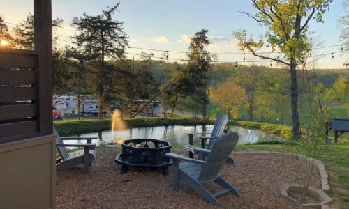 Tiny Home Stays 201 fire pit area outside of the tiny homes at Piney River Resort