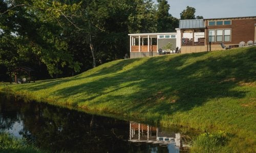 Tiny Home Stays 202 Pond view outside of the tiny homes at Piney River Resort