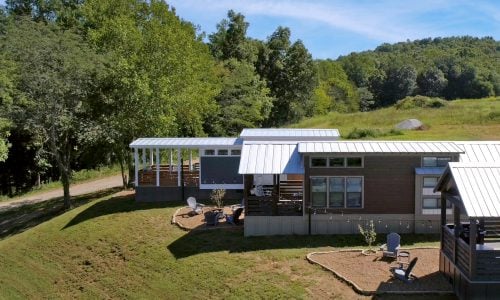 Tiny Home Stays 204 Aerial view of the tiny homes at Piney River Resort